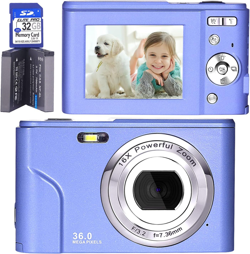 FHD 1080P 36.0 MP Kids Digital Camera with 32G SD Card, 16X Digital Zoom, Pack of 2 W243765
