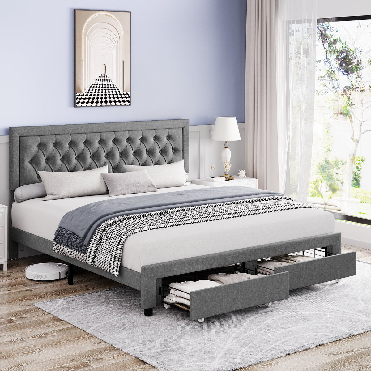 Queen Size Black PU Leather Upholstered Platform Bed Frame I82991
