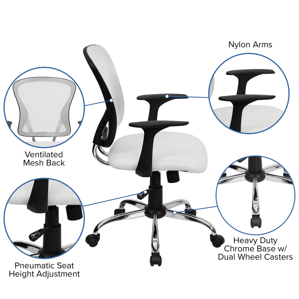White Mesh Swivel Task Office Chair with Chrome Base and Arms B364