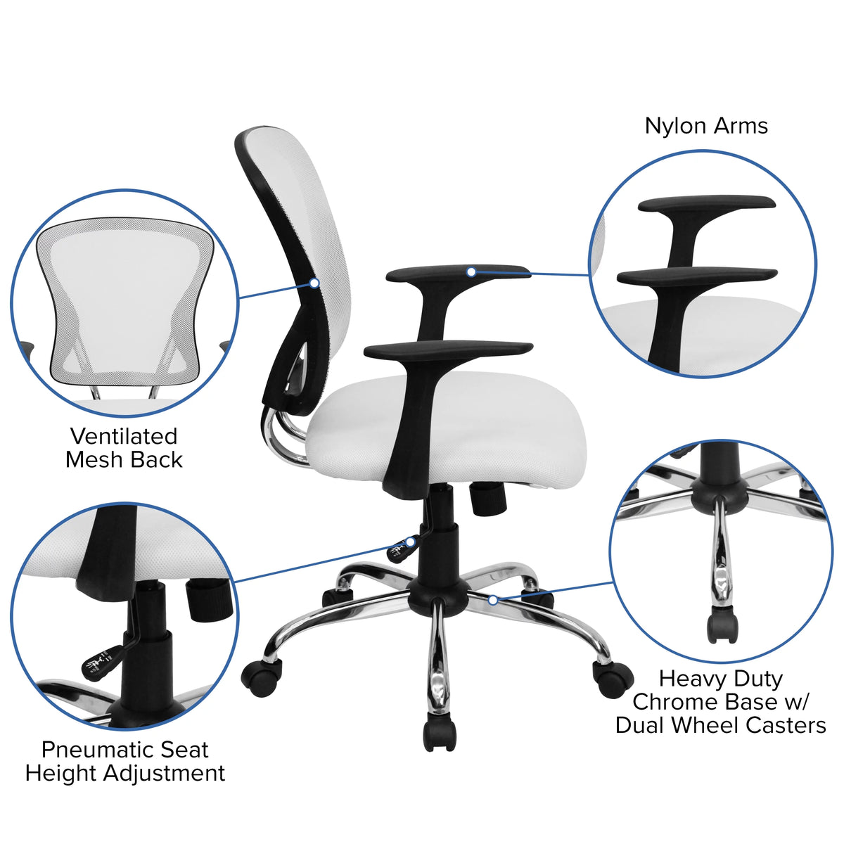 White Mesh Swivel Task Office Chair with Chrome Base and Arms B364