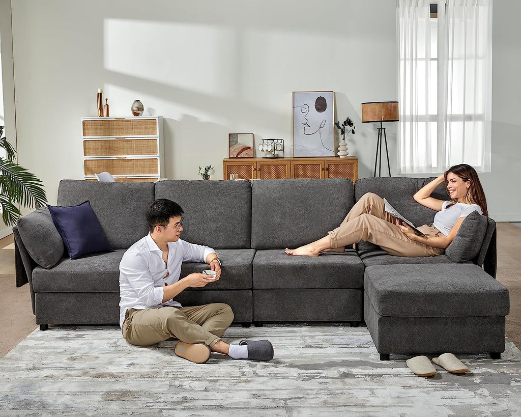 Oversized Chenille Dark Gray Modular Sectional Sofa with Storage and Chaise C910