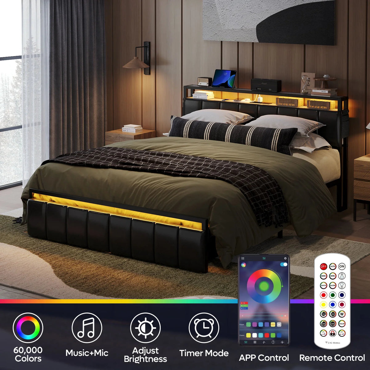 Queen Size Platform Bed Frame with Storage Headboard and 2 Drawers U627