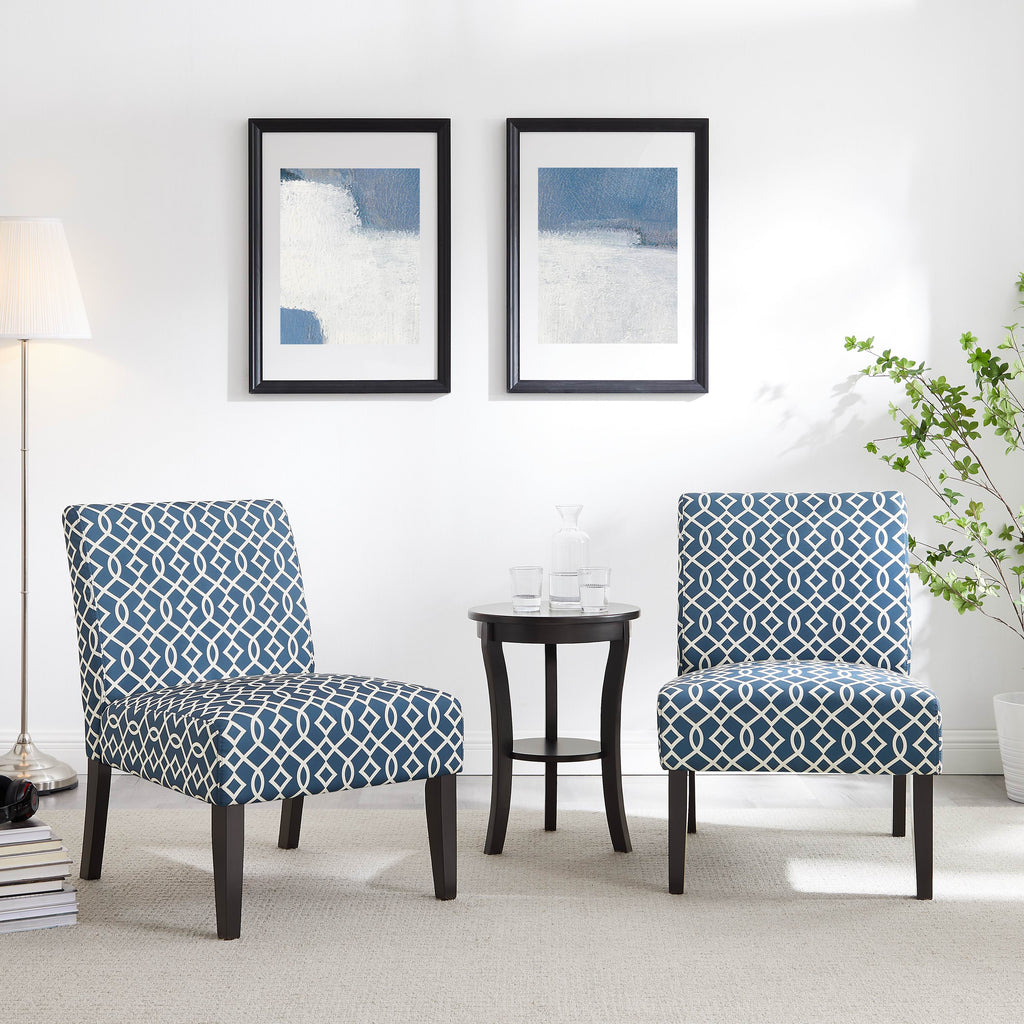 3pc Set Blue Fabric Upholstered Side Table and 2 Chairs M9297