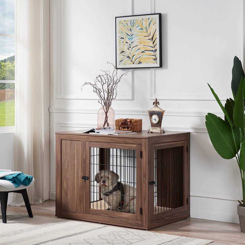 Wooden Dog Crate End Table with Cushion S837360
