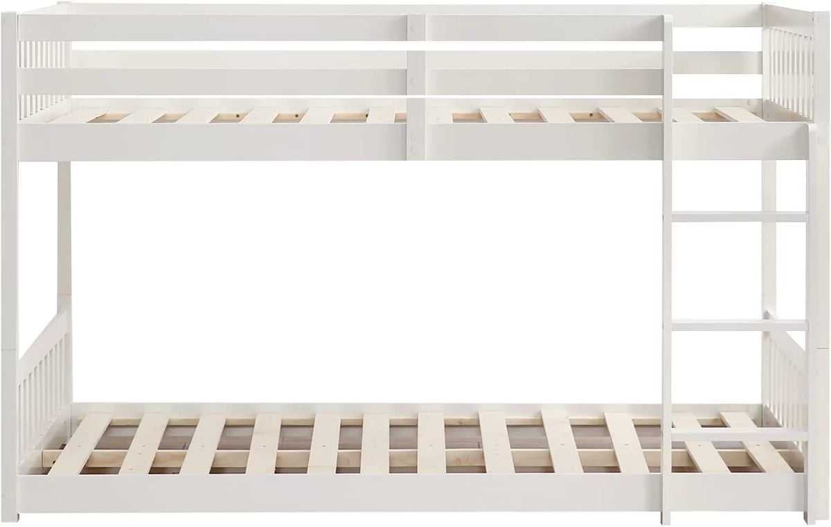 White Wood Twin Over Twin Bunk Bed with Guardrails & Ladder U129