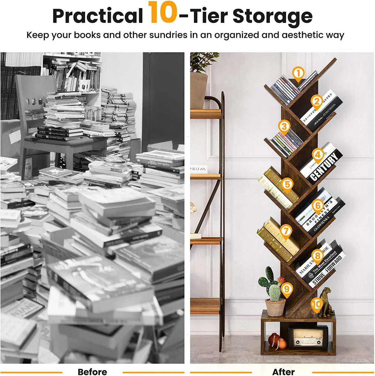 10 Shelf Wooden Bookshelf with Drawer N46610