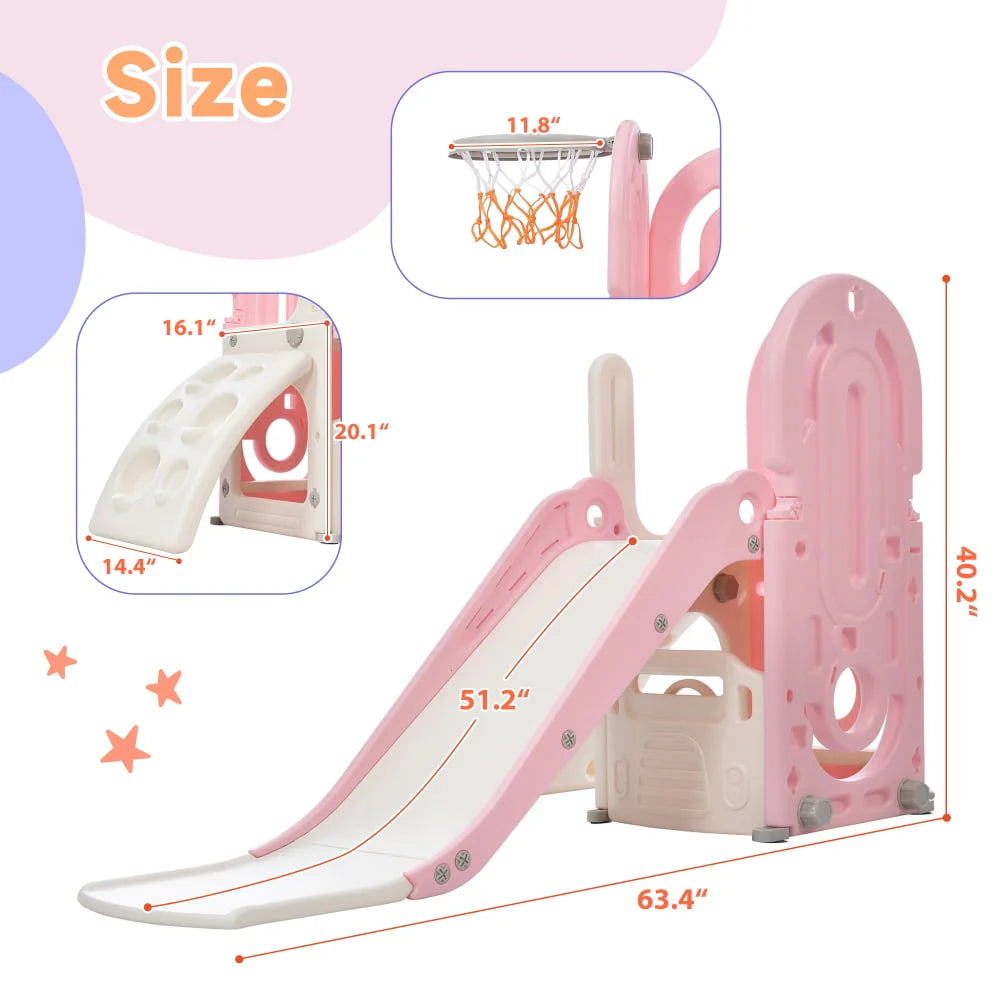 Kids Toddler Climbing and Slide Set 4 in 1, Freestanding Slide Playset with Basketball Hoop and Driving Game Space, Pink S324