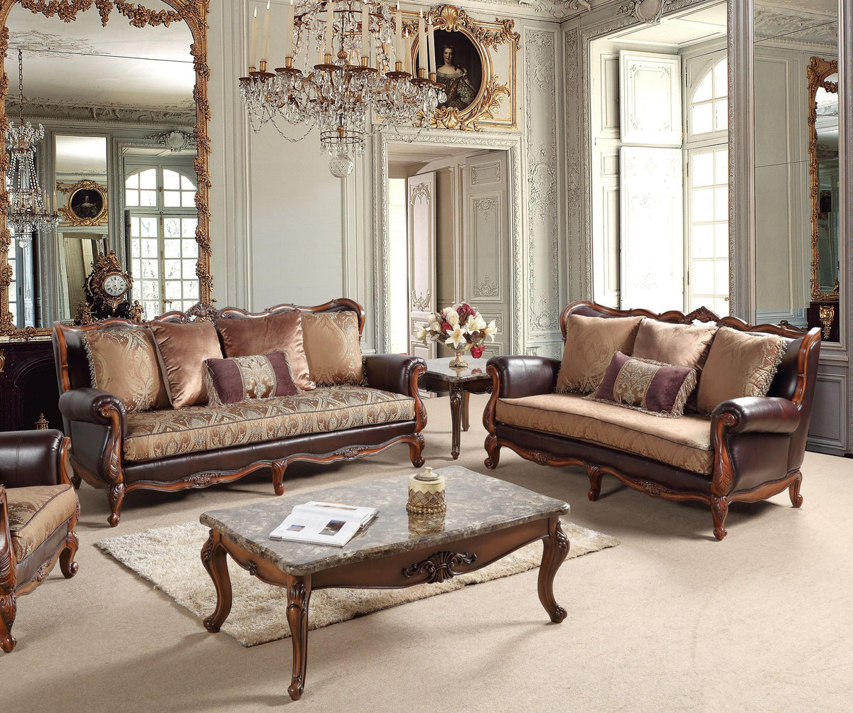Cherry Finish Wood Pattern Fabric Sofa Set 2Pc K554442
