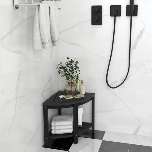 Black Poly Lumber Corner Shower Bench with Storage Shelf O1880