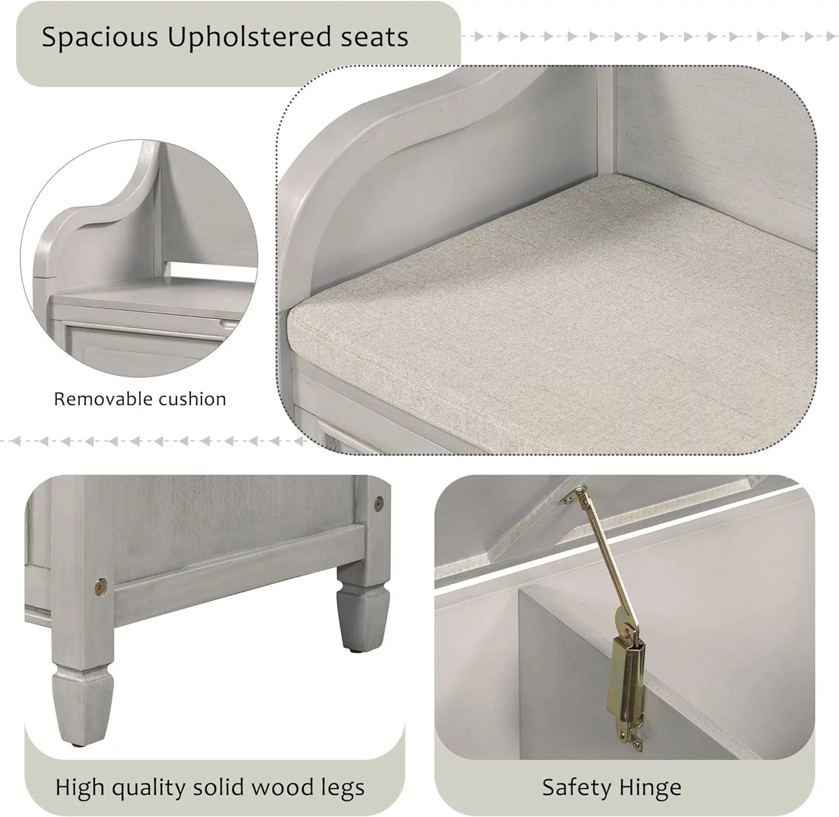 Rustic Wooden Storage Bench with Upholstered Seat Cushion M8604
