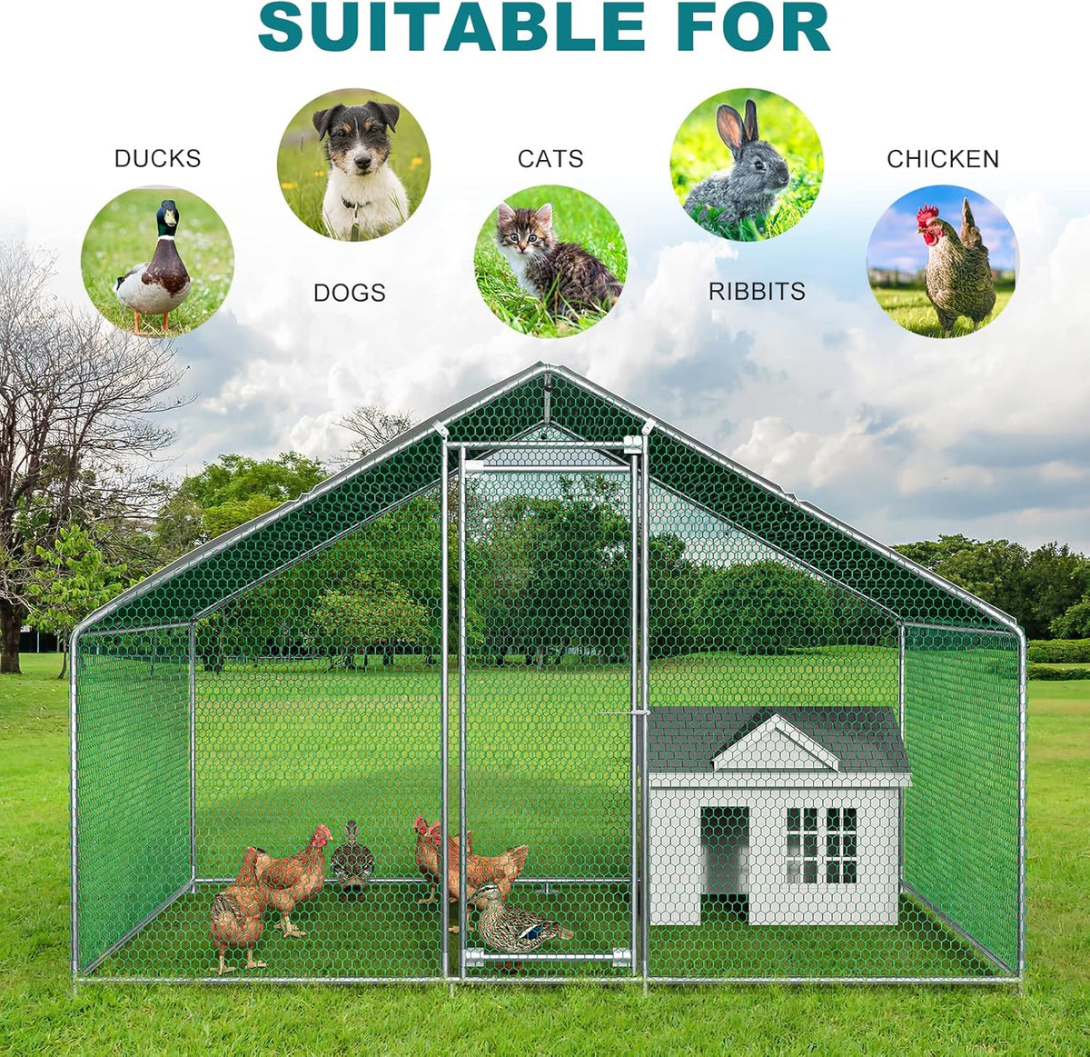 Metal Chicken Coop Galvanized Steel Walk-in Poultry Cage F64447