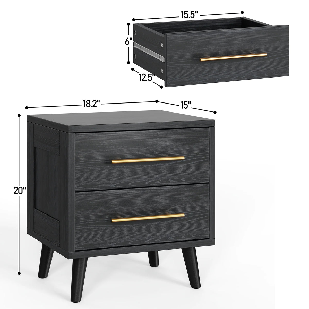 Black 2 Drawer Wood Nightstand B1531