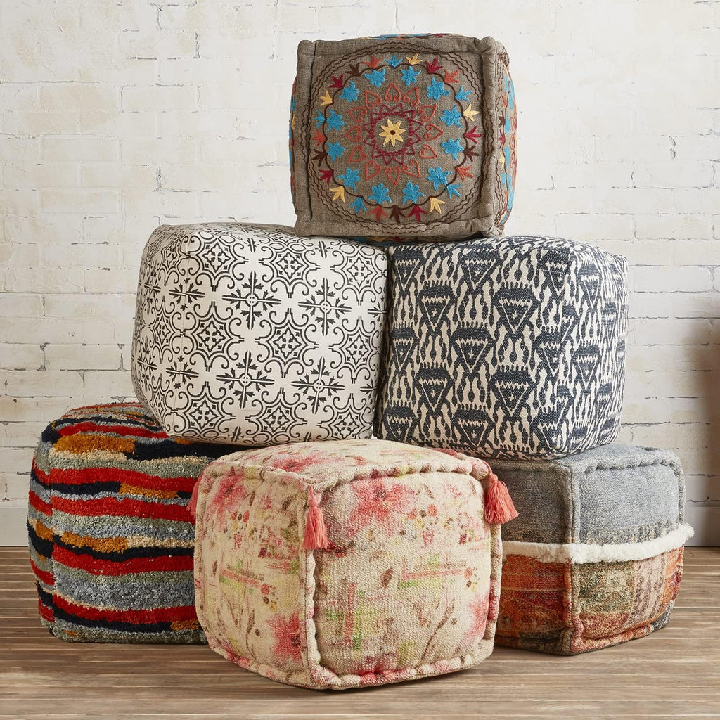 Floral Print Fabric Foot Stool Ottoman Pouf, 16" x 16" D830