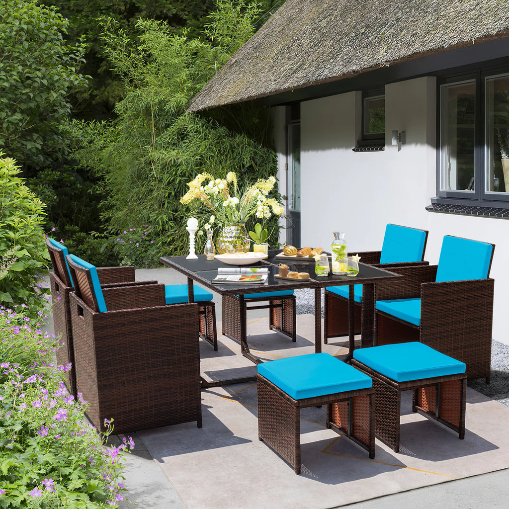 9 Pieces Outdoor Dining Set Wicker Chairs with Glass Table D8796