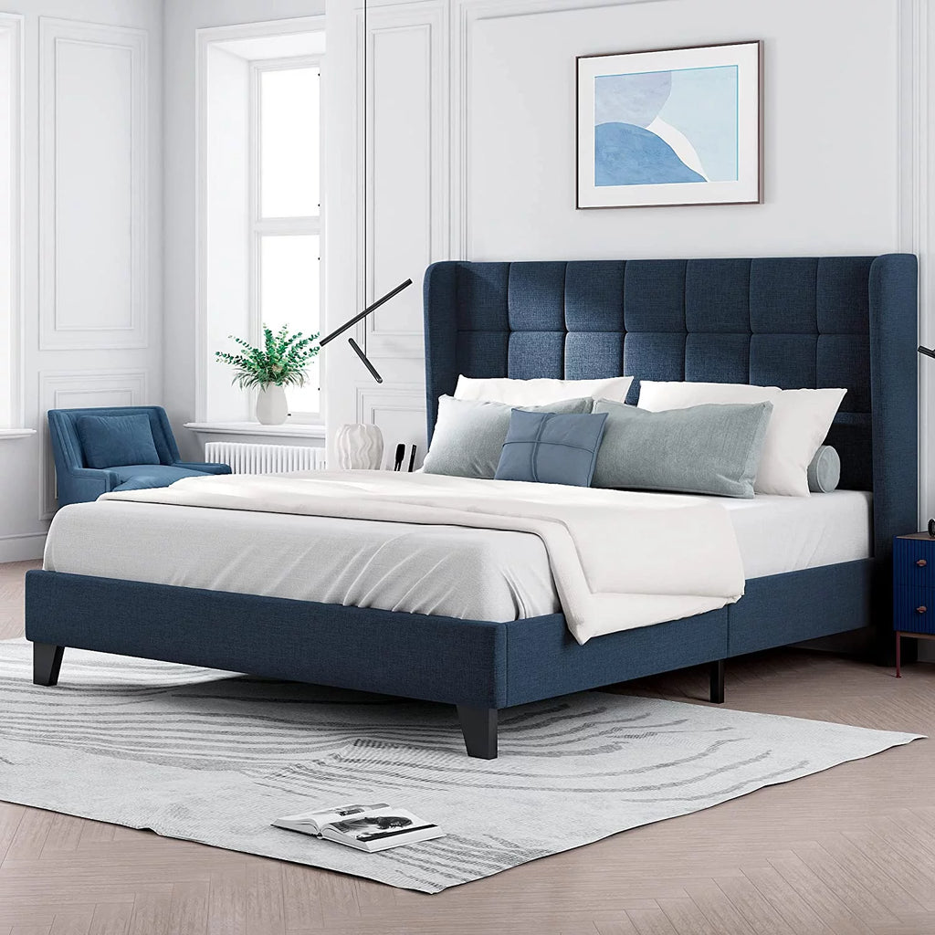 Queen Size Wingback Fabric Upholstered Platform Bed Frame X69525