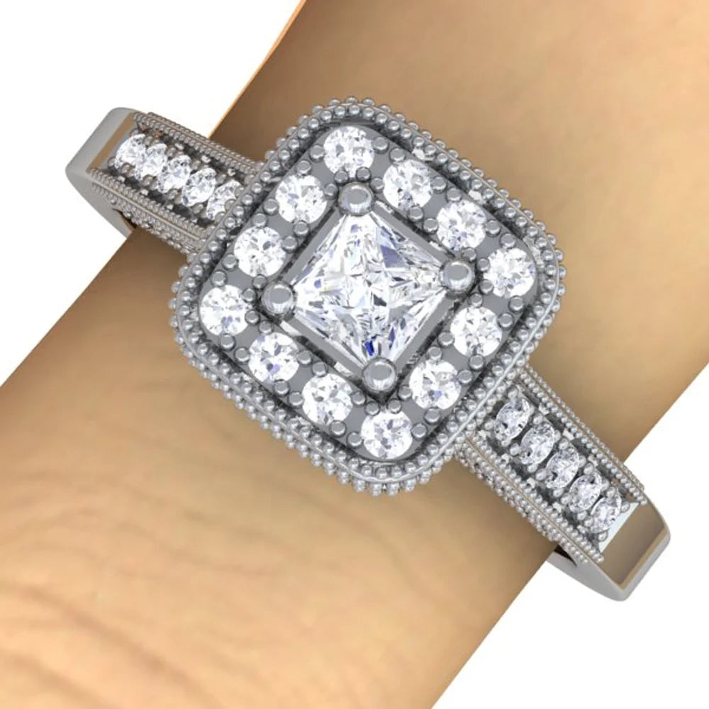 14k White Gold Princess Diamond Halo Engagement Ring A175