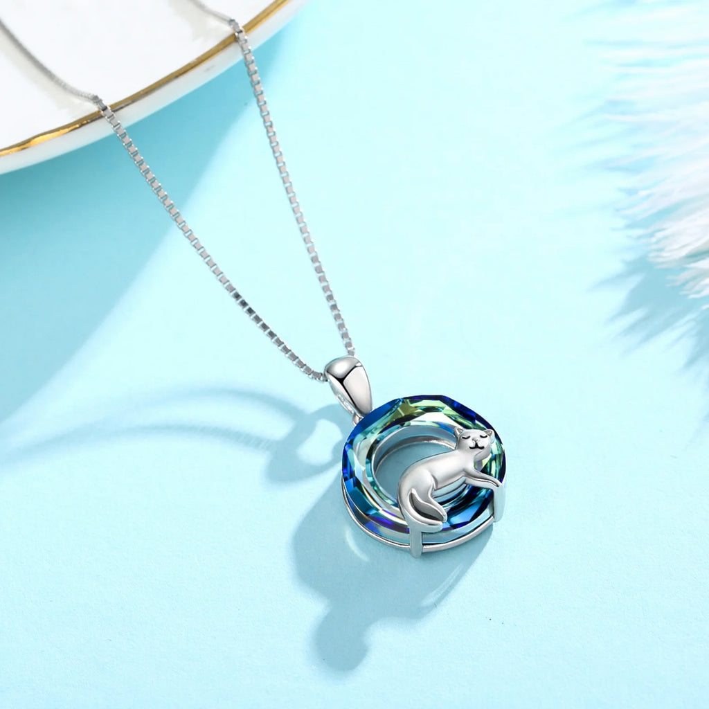 Cat Crystal Pendant Necklace 925 Sterling Silver S8304