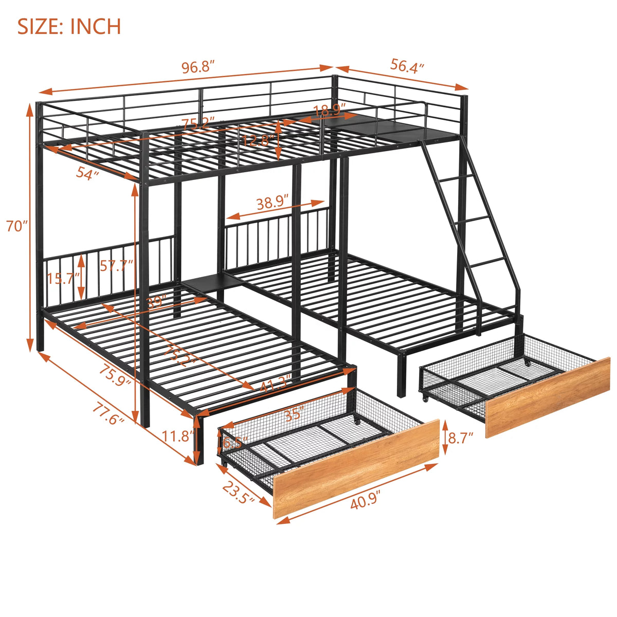 Black Metal Triple Bunk Bed with Drawers J3815