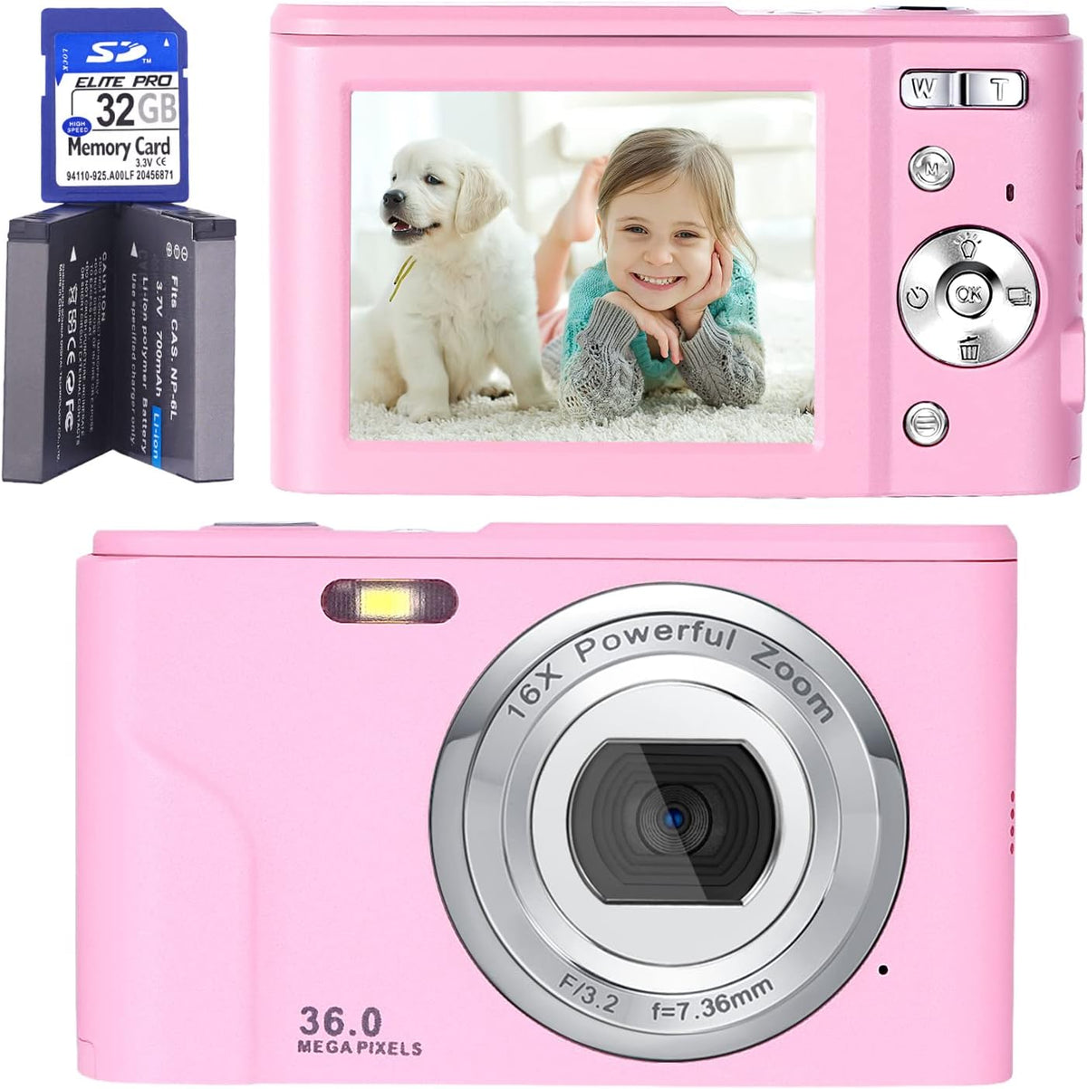 FHD 1080P 36.0 MP Kids Digital Camera with 32G SD Card, 16X Digital Zoom, Pack of 2 W243765