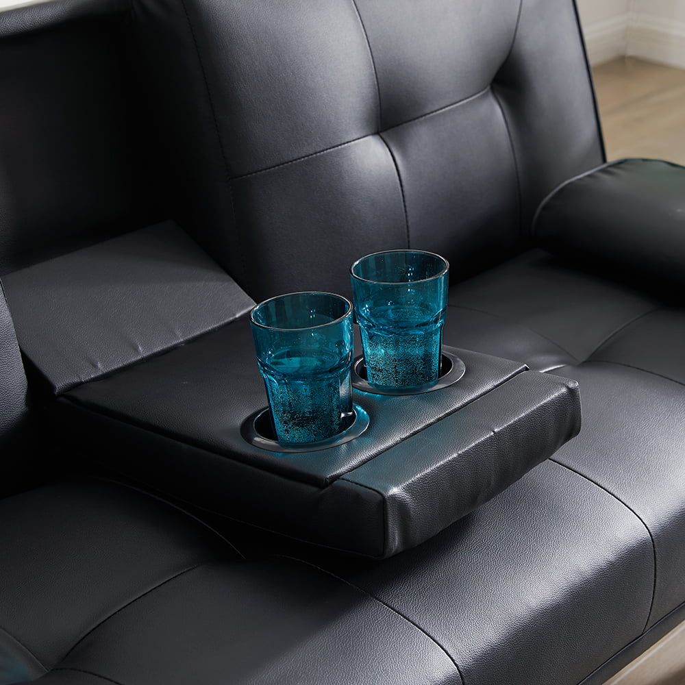Faux Leather Convertible Futon Sofa Bed with Cup Holders E452296