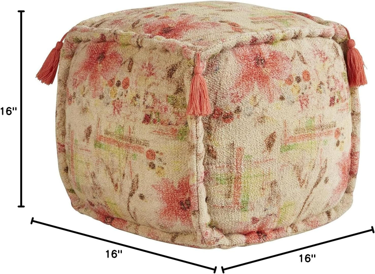 Floral Print Fabric Foot Stool Ottoman Pouf, 16" x 16" D830
