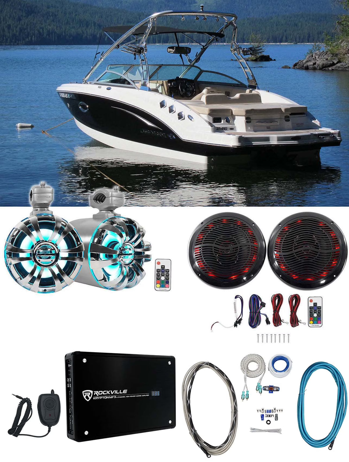 6.5" LED Swivel Marine Wakeboard Speakers with Amplifier and Amp Kit G28393