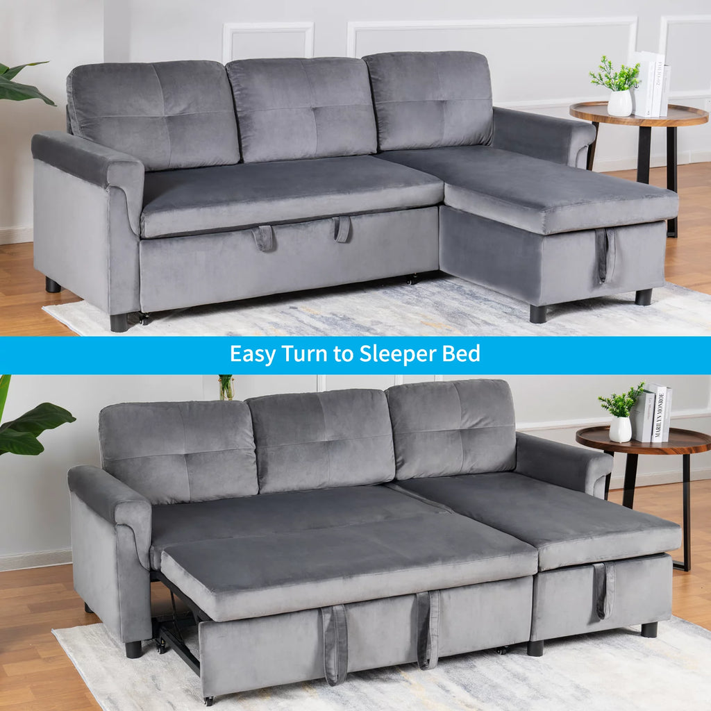 Light Gray Velvet Reversible Sectional Sofa with Storage Chaise I13725
