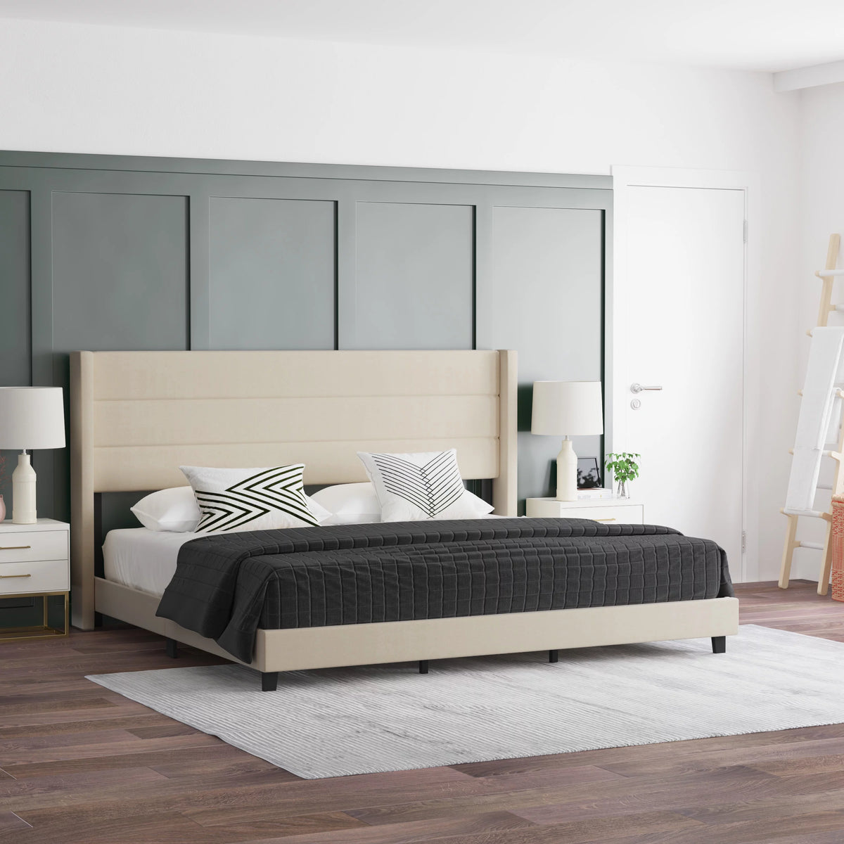 Beige Faux Linen Upholstered King Platform Bed with Wingback Headboard E1503