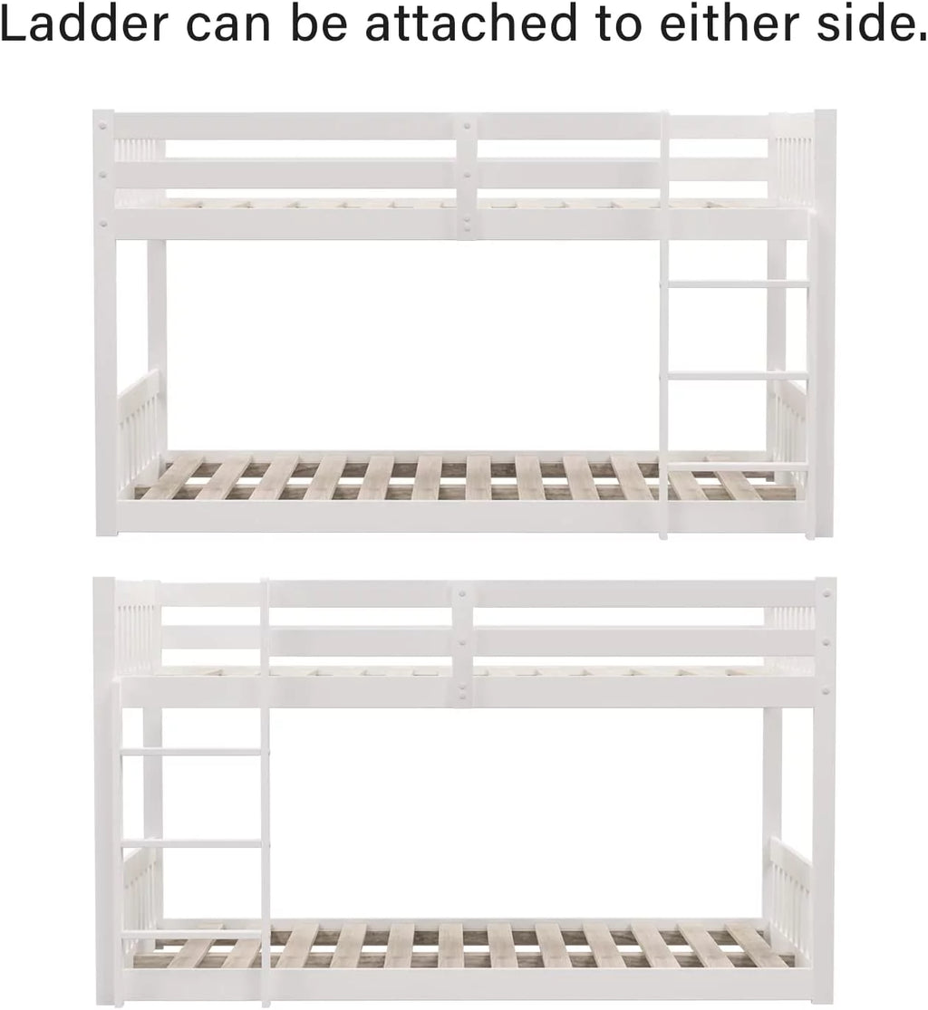 White Wood Twin Over Twin Bunk Bed with Guardrails & Ladder U129