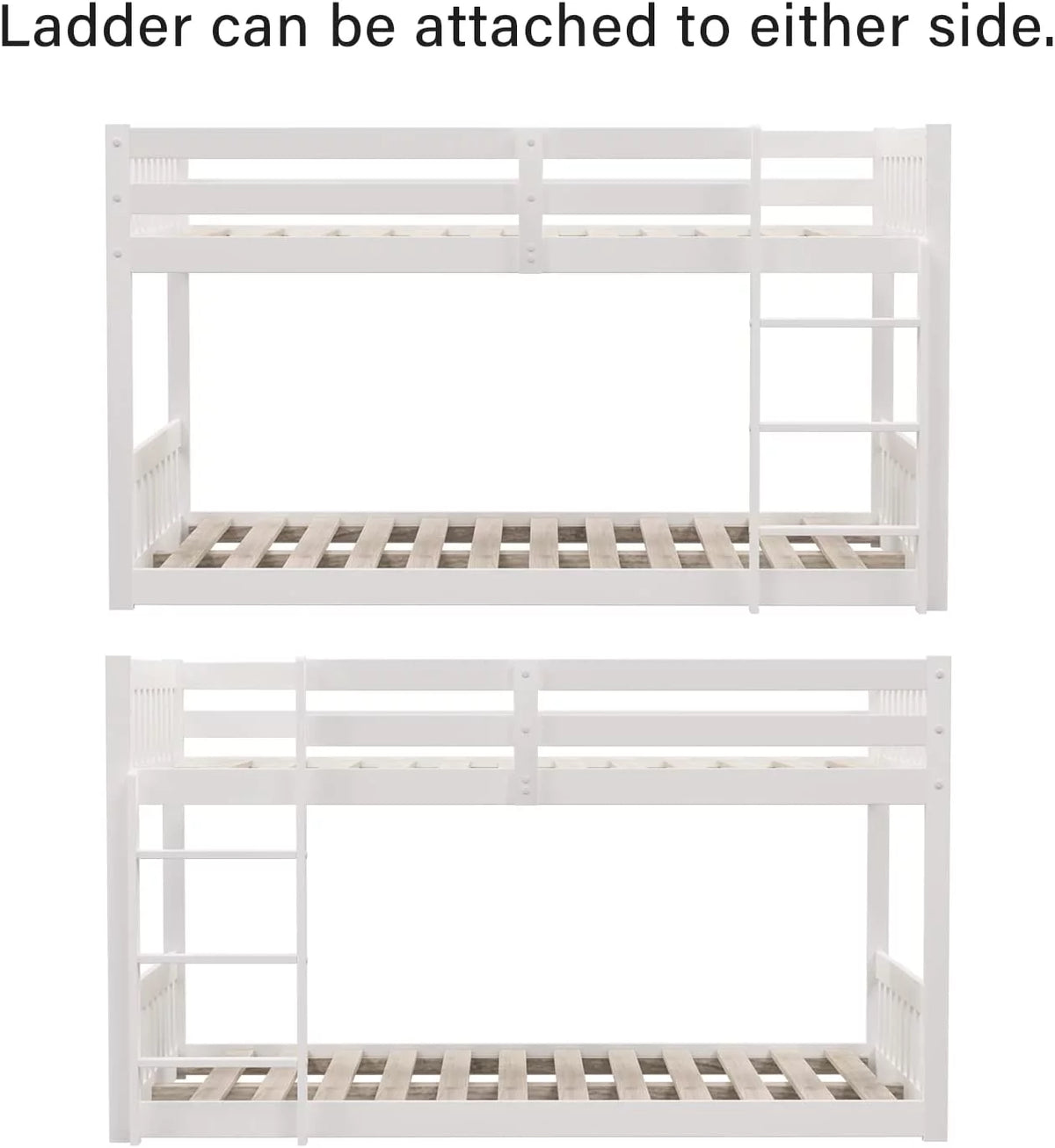 White Wood Twin Over Twin Bunk Bed with Guardrails & Ladder U129