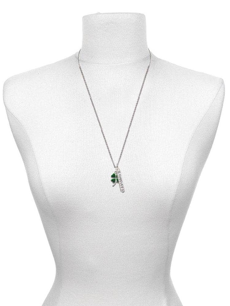 Silvertone Green Four Leaf Clover Bar Charm Necklace, 23" N97348