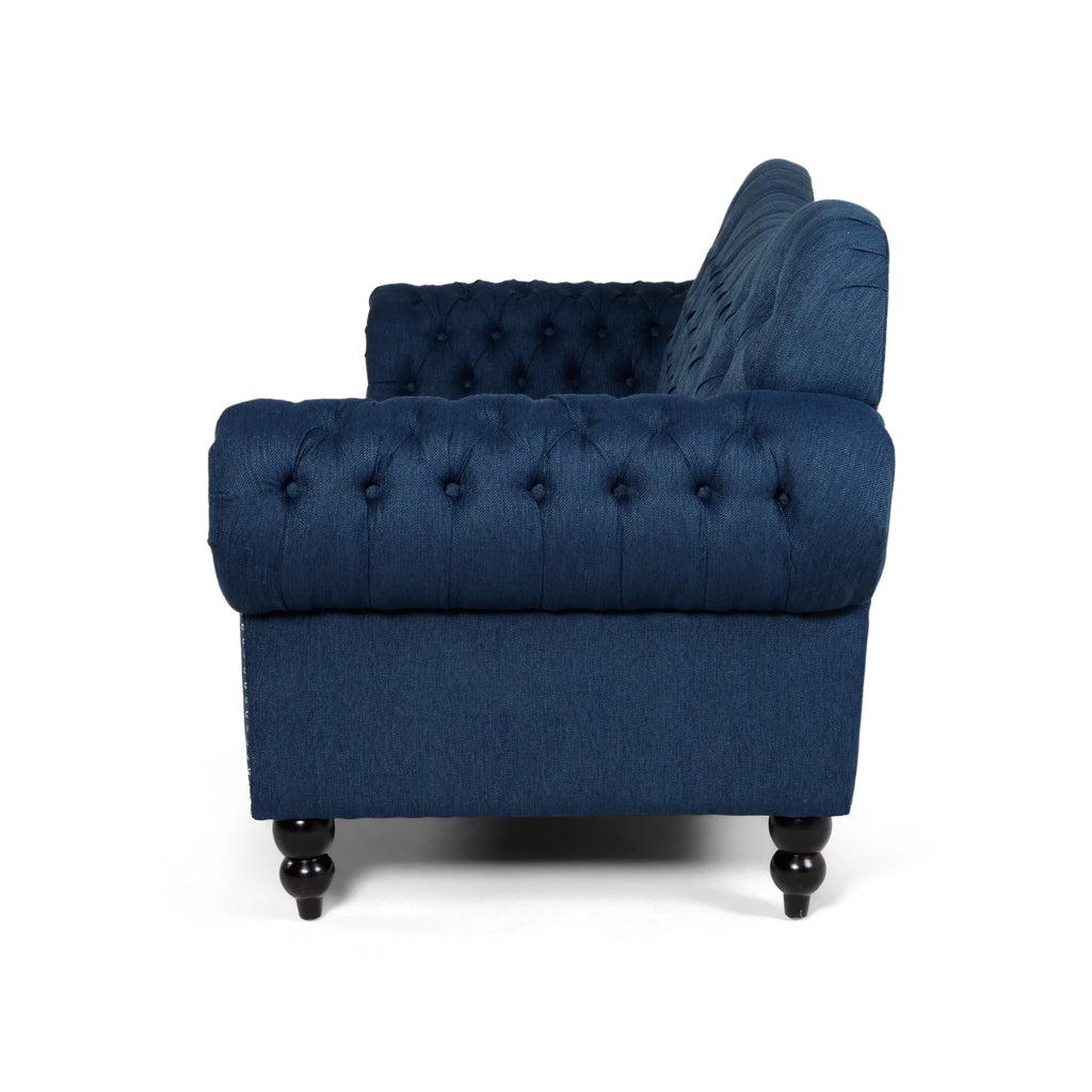 Navy Blue and Dark Brown 3 Seater Fabric Sofa V6998