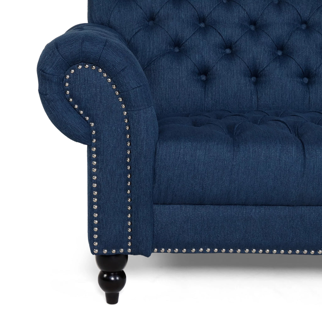 Navy Blue and Dark Brown 3 Seater Fabric Sofa V6998