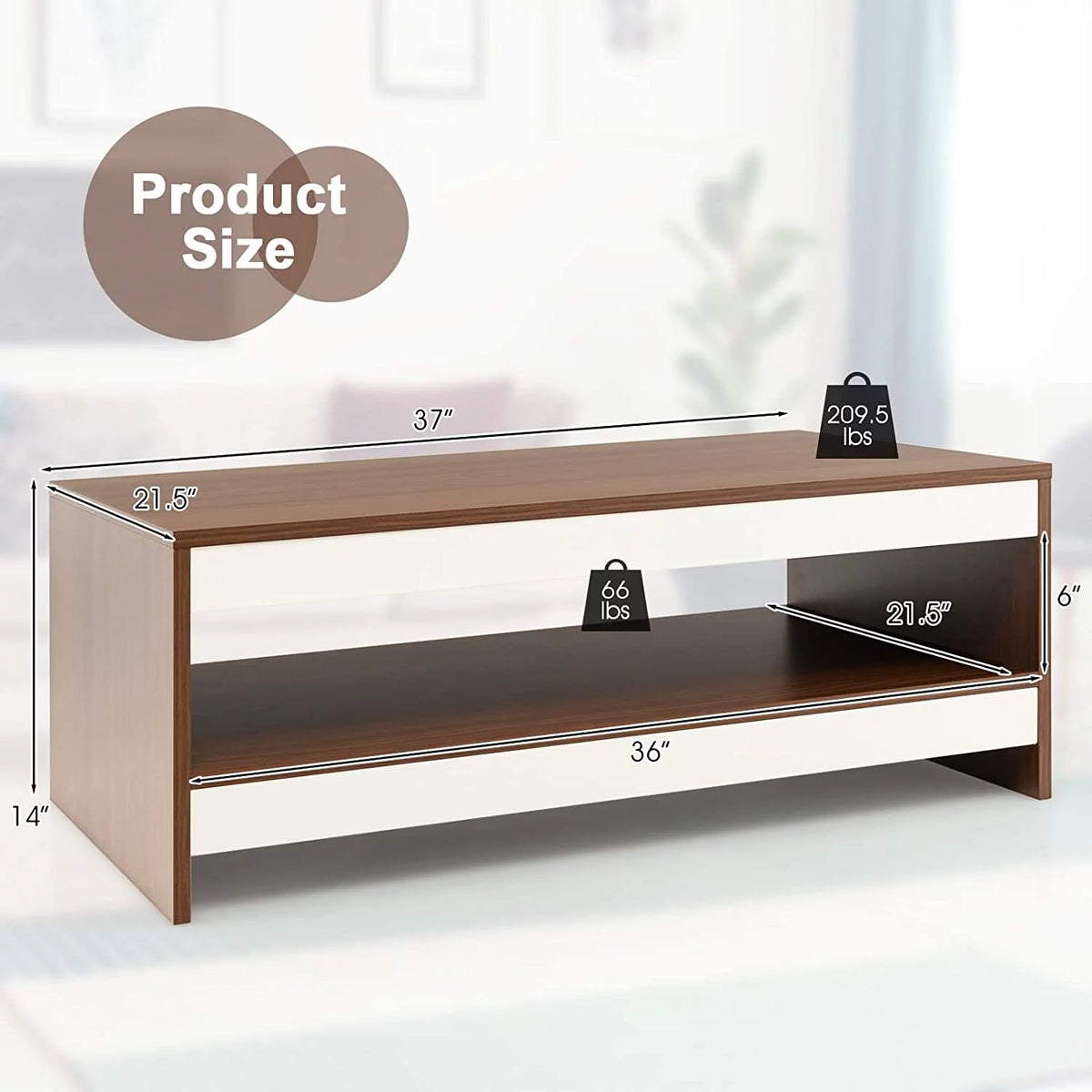 37 Inch Two-Tier Wooden Coffee Table with Storage Shelf X428