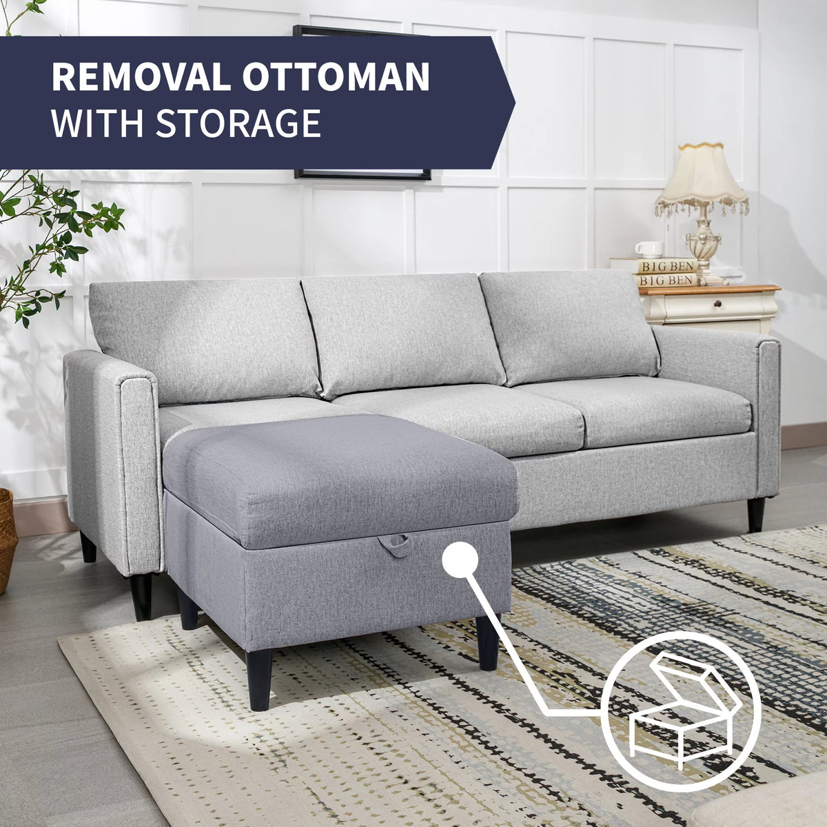 Small Sectional Sofa 3 Seater with Storage Ottoman Light Grey P484