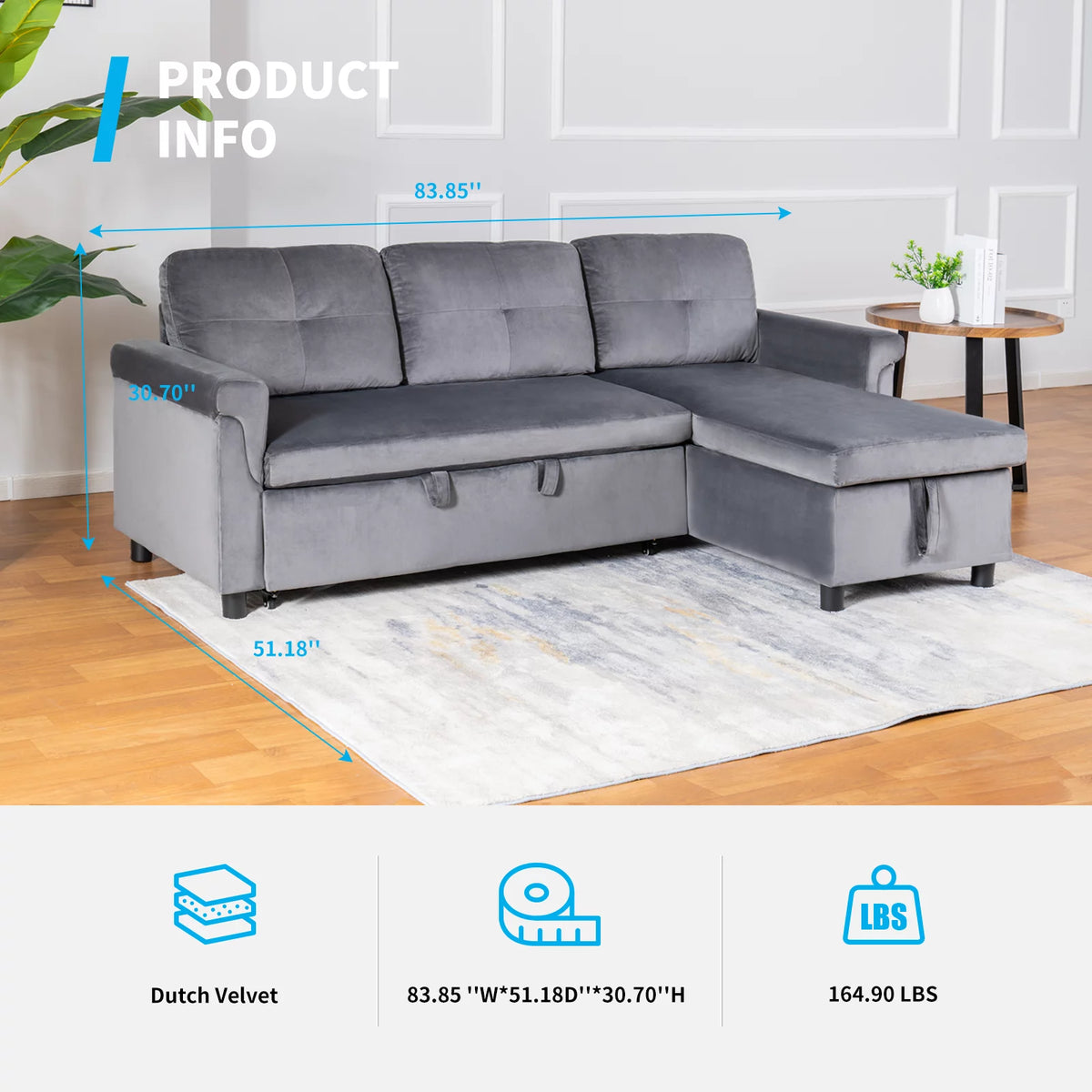Light Gray Velvet Reversible Sectional Sofa with Storage Chaise I13725