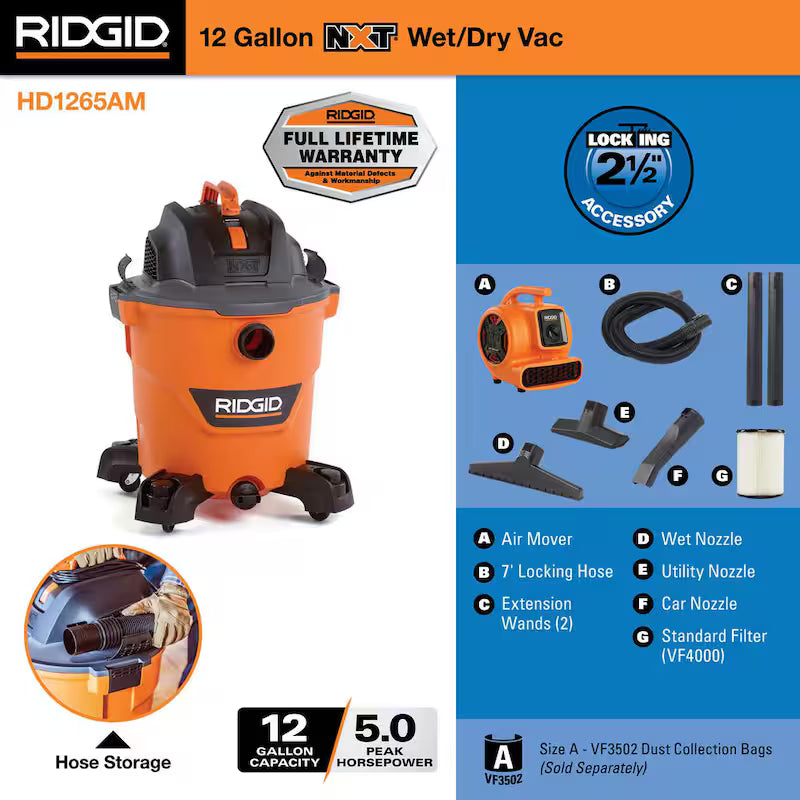 12 Gallon 5.0 Peak HP Wet/Dry Shop Vacuum with Blower Fan C791