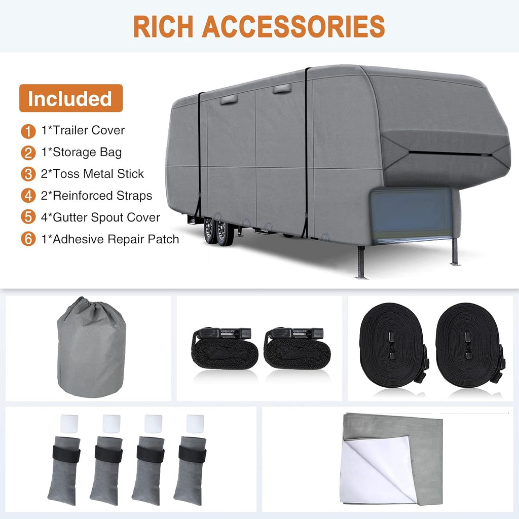 Heavy Duty 6 Layers 5th Wheel RV Cover Anti-UV Breathable Rip-Stop with 2Pcs Extra Straps & Gutter Spout Covers F5743