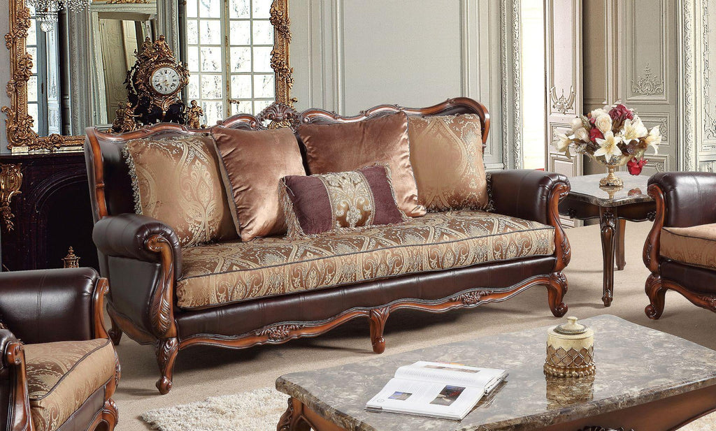 Cherry Finish Wood Pattern Fabric Sofa Set 2Pc K554442