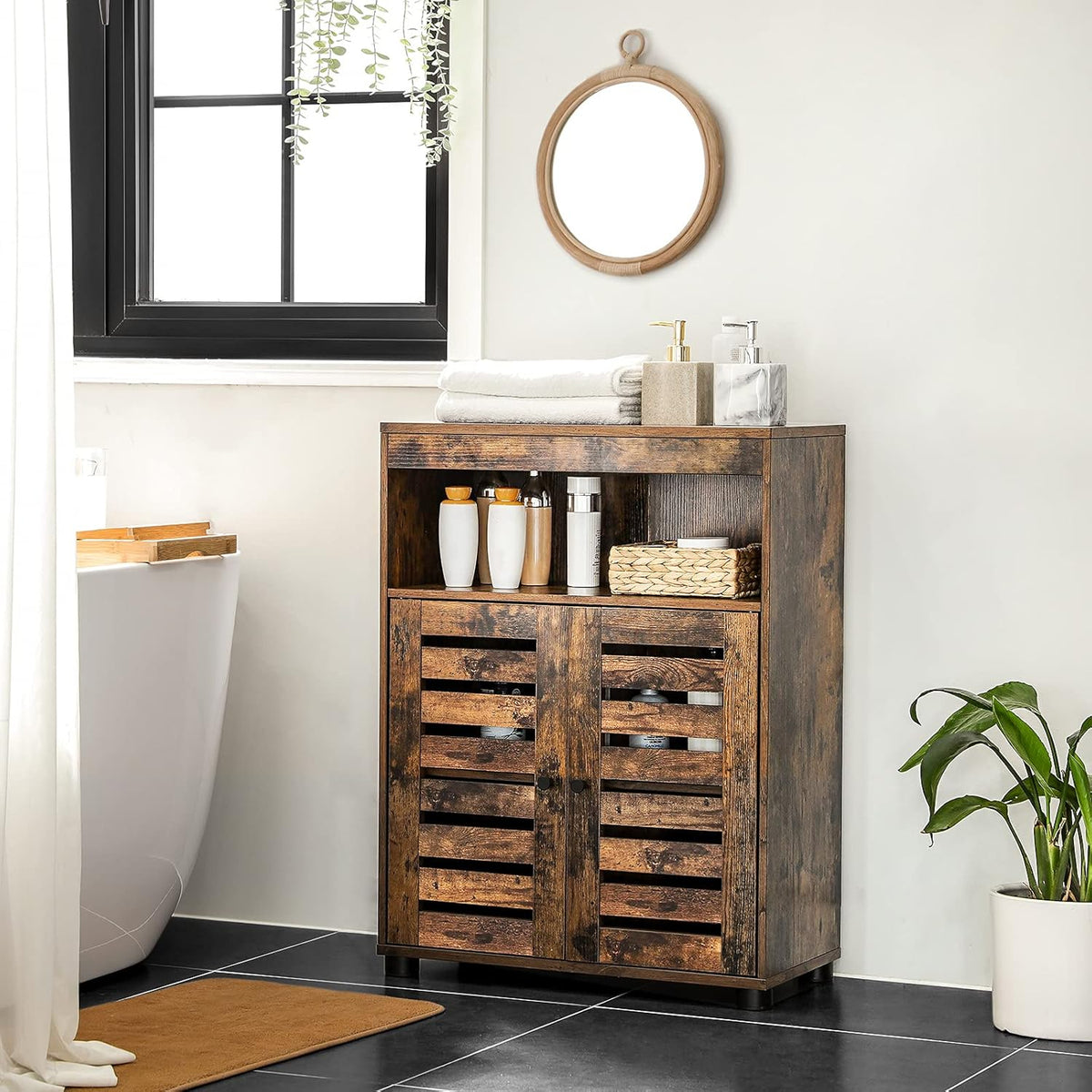 Bathroom Storage Cabinet with Louvered Doors and Adjustable Shelf R1698
