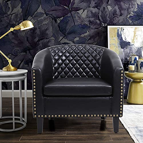 Black Leather Barrel Chair with Nail Head and Wood Legs W4456