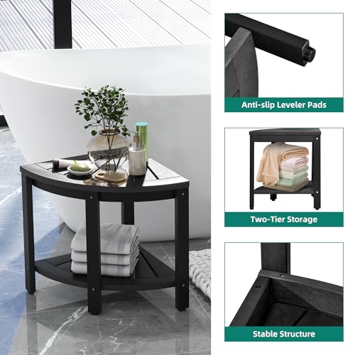 Black Poly Lumber Corner Shower Bench with Storage Shelf O1880