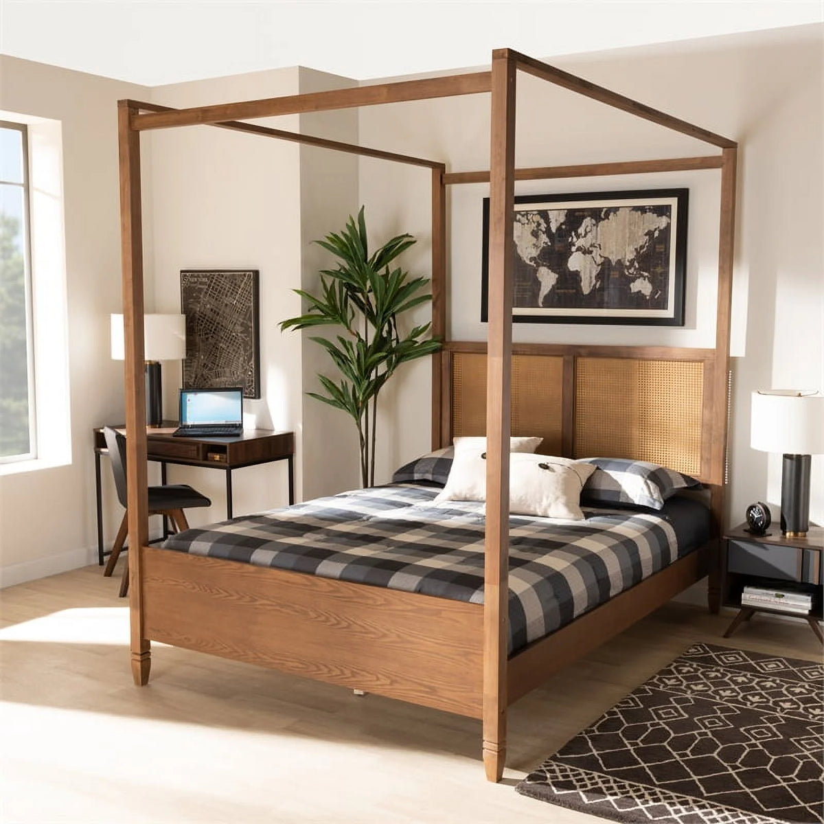 Brown Finished Wood Queen Size Canopy Bed K80077