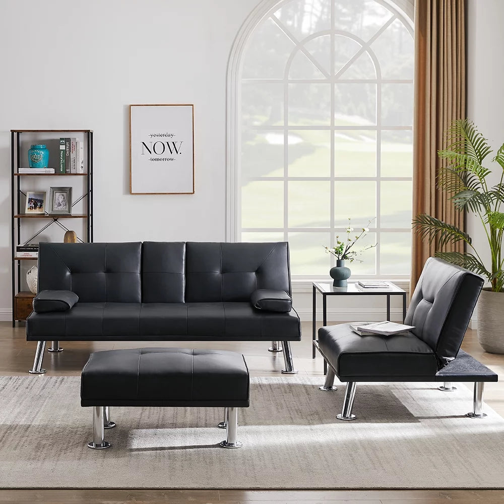 Faux Leather Convertible Futon Sofa Bed with Cup Holders E452296