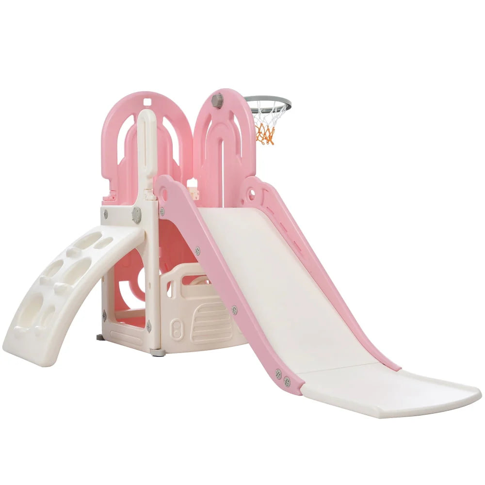 Kids Toddler Climbing and Slide Set 4 in 1, Freestanding Slide Playset with Basketball Hoop and Driving Game Space, Pink S324