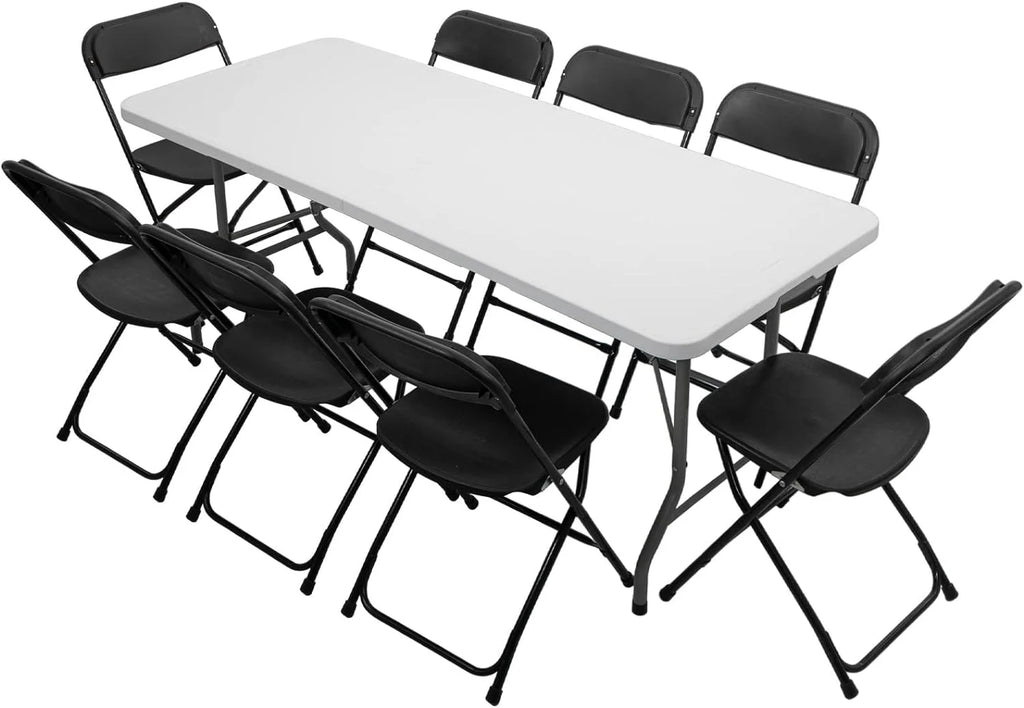 6 FT Plastic Folding Table with 8 Black Folding Chairs Z655255