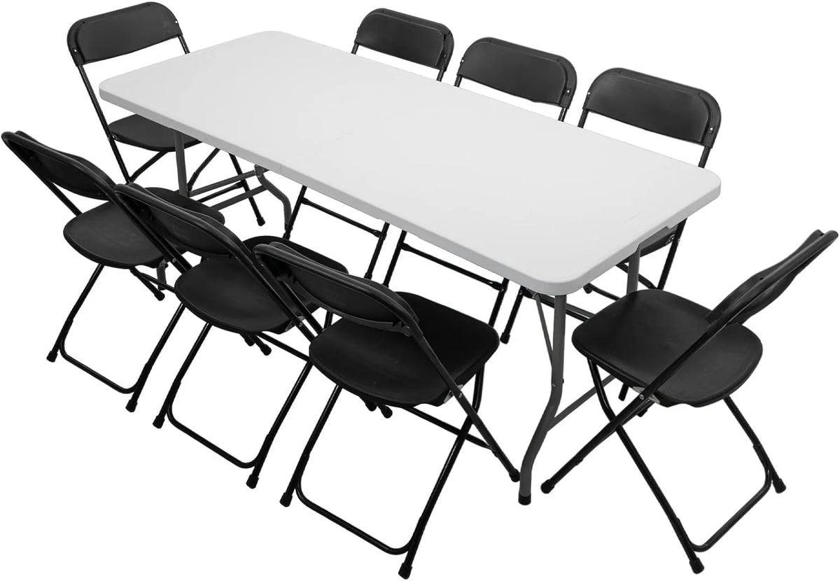 6 FT Plastic Folding Table with 8 Black Folding Chairs Z655255