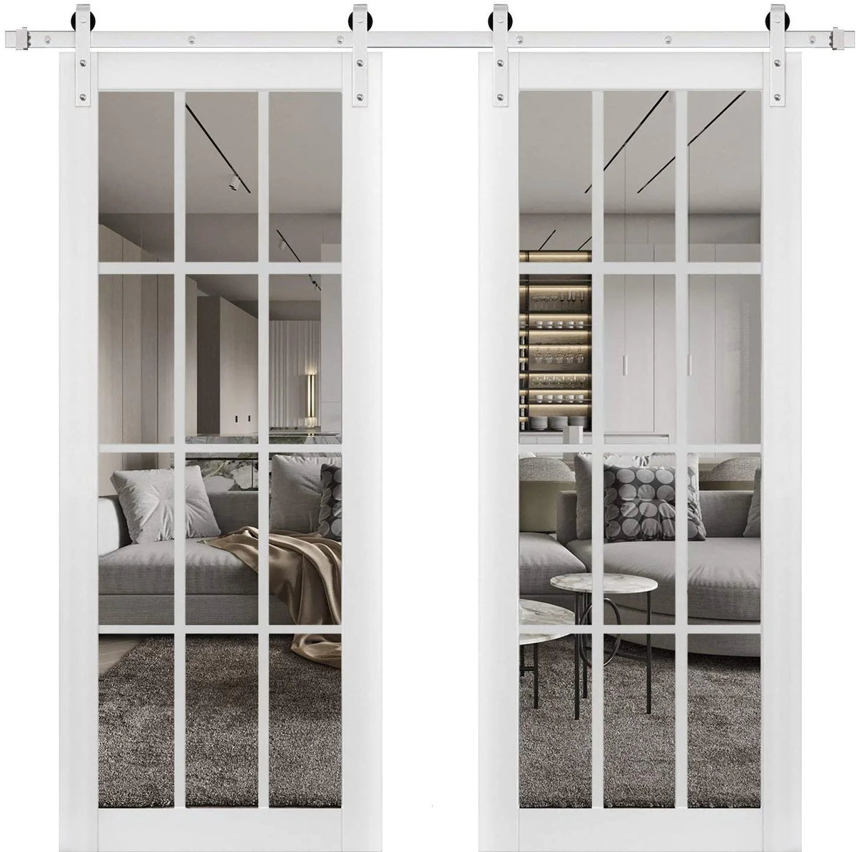 Double Barn Door with Clear Glass 12 lites Matte White X29794