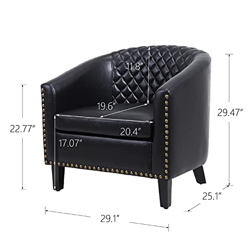 Black Leather Barrel Chair with Nail Head and Wood Legs W4456