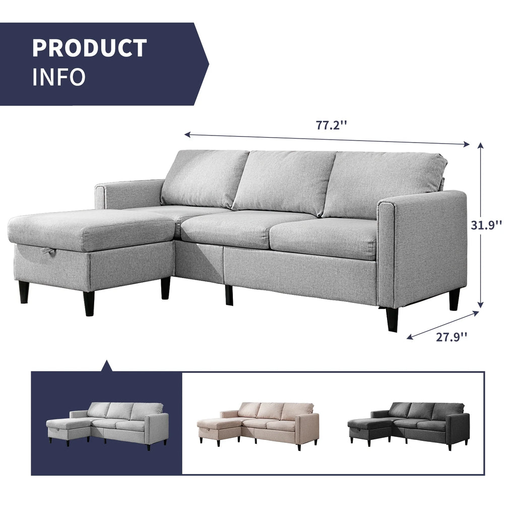 Small Sectional Sofa 3 Seater with Storage Ottoman Light Grey P484
